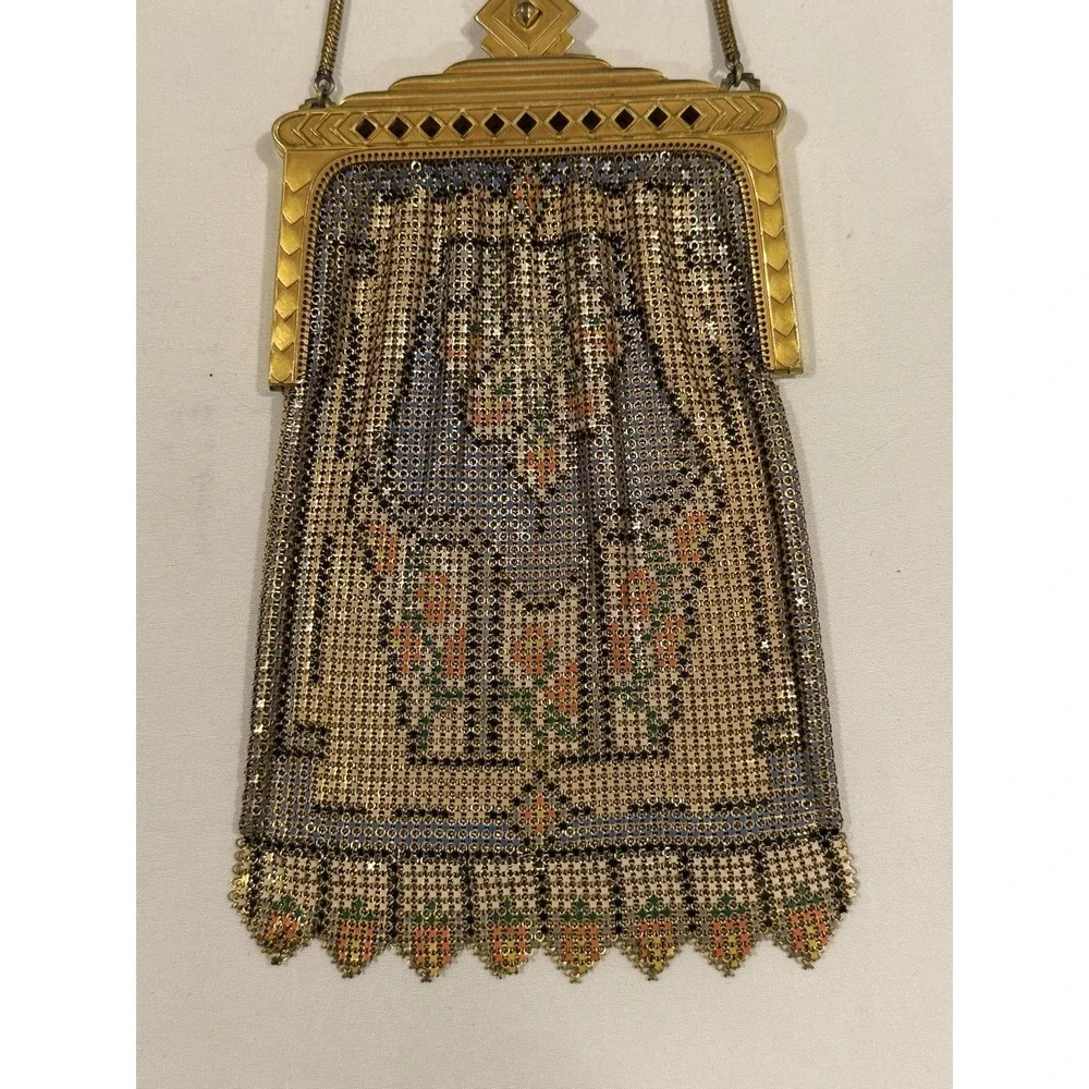 Antique Whiting and Davis Art Deco Enamel Mesh Purse Flapper Bag W/ Mirror